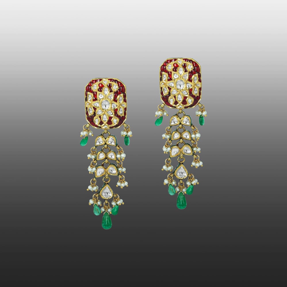 Rectangular Polki Earrings with Red Talaf, Emerald, and Pearl Drops